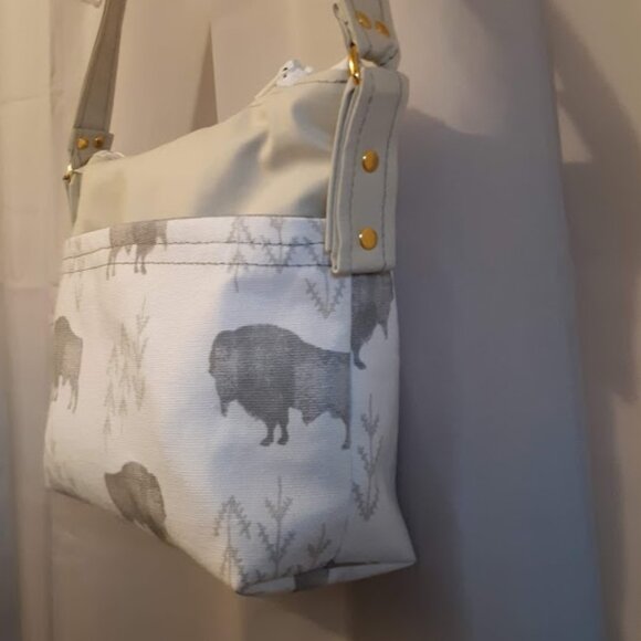 NEW Southwestern Faux Leather & Canvas Buffalo print mini Tote bag Purse Ivory - Picture 3 of 10